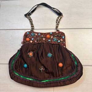 Embellished Brown Handbag with Chain Straps